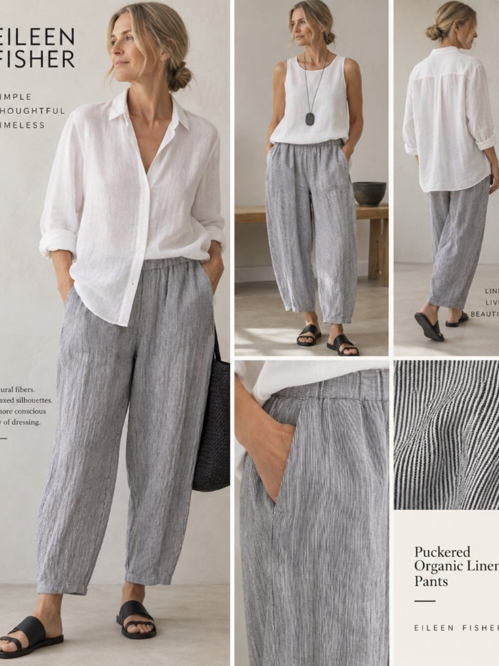 EILEEN FISHER Puckered Organic Linen Stripe Pants Size XS
